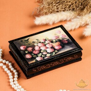 Шкатулка "Розовые цветы в корзине",10х14 см, лаковая миниатюра